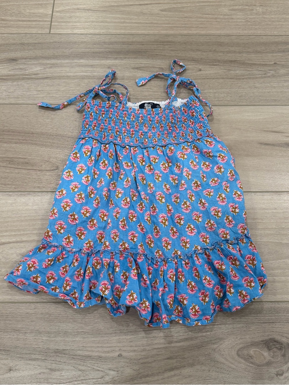 Madison Mathews Smocked Blue Peplum Pink Flowers Tie Straps Size XS